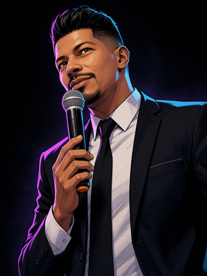 Ilustração estilo HQ de Beto, apresentador do PrayStation