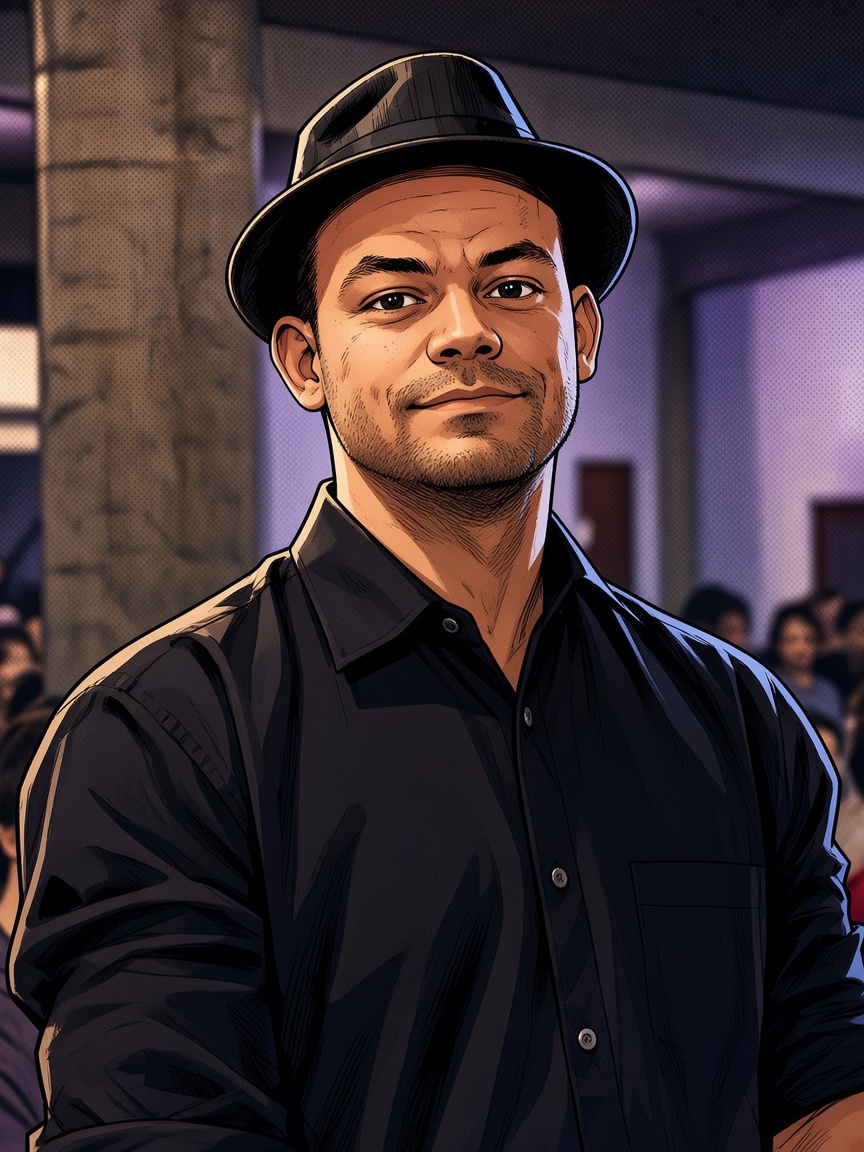Ilustração estilo HQ de Paulo, apresentador do PrayStation